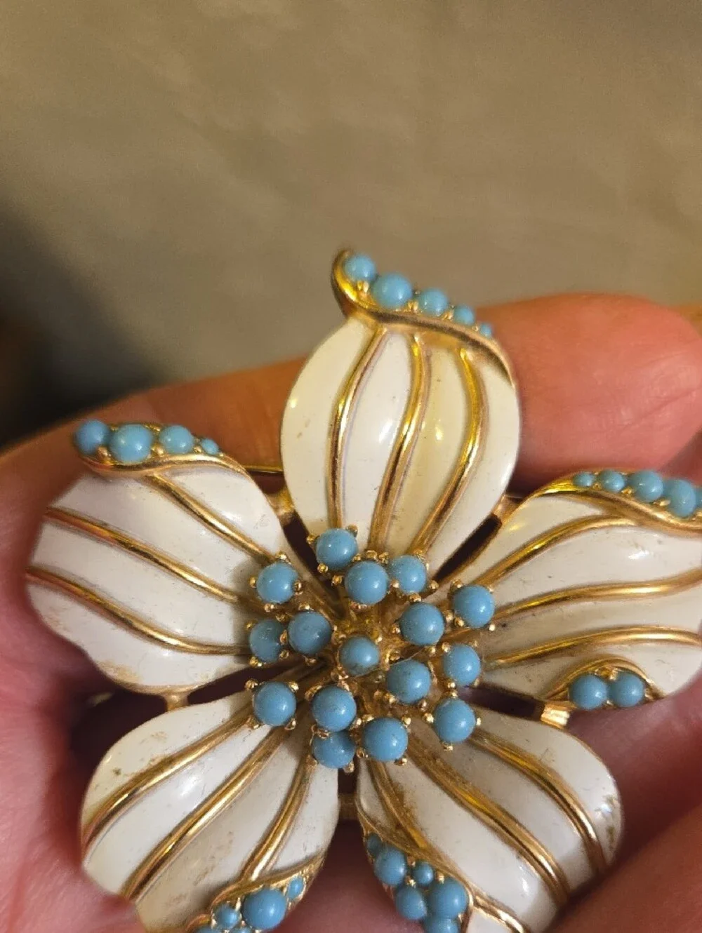 Gold-Trim White Enamel Floral Brooch with Blue Accent Beads